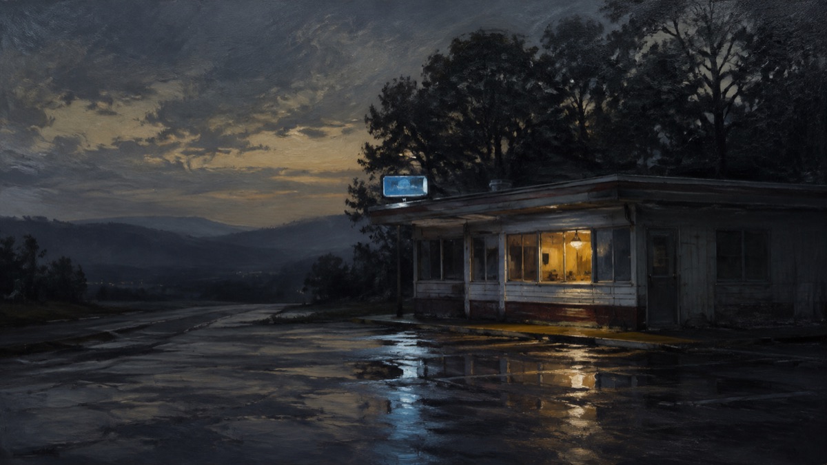 An imagined roadside diner glowing amber on a rainy Tennessee evening
